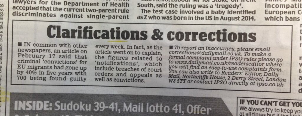 Correction in Daily Mail