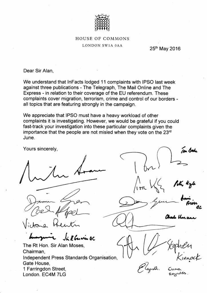 MPs letter to IPSO chairman Sir Alan Moses