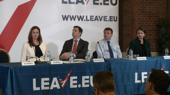 Brittany Kaiser of Cambridge Analytica, Arron Banks, Gerry Gunster and Liz Bilney at the launch of the Leave.EU campaigning organisation in London, November 18, 2015